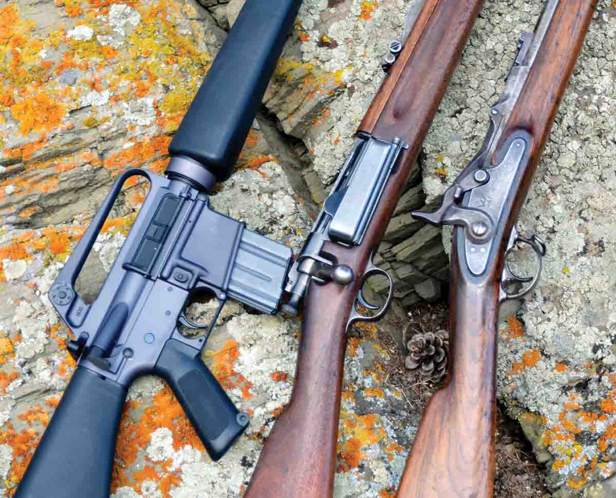 These three rifles are milestones in U.S. military development. The M16, represented here by Brownells BRN-16A1 (left), was the first without a wood stock. The U.S. “Krags” (center) were the first U.S. bolt-action military rifle and the U.S. Models 1866/1866/1870 (right) chambered the first U.S. military centerfire cartridge.